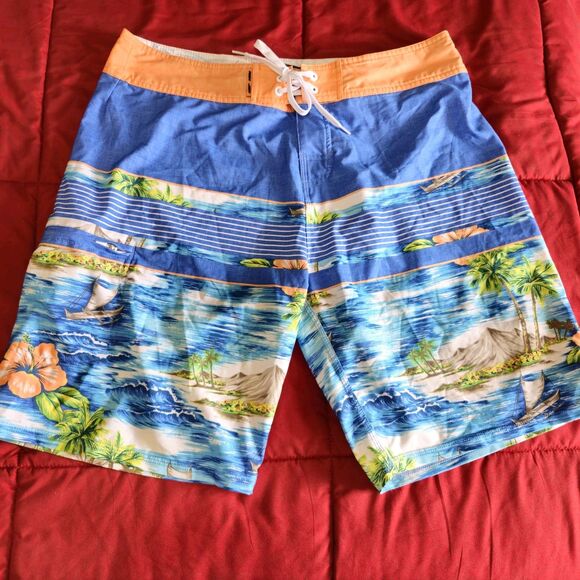 Ron Jon Surf Shop Other - Ron Jon Surf Shorts Men 34 Blue Peach Beach Graphic Hawaiian Floral Zip Pocket